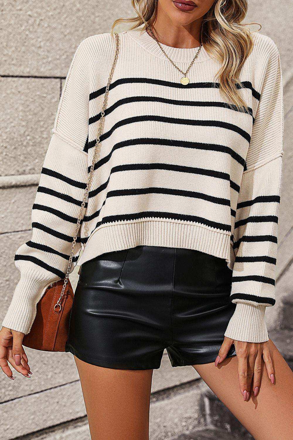 Striped Dropped Shoulder Round Neck Pullover Sweater - Trendsi - Flyclothing LLC