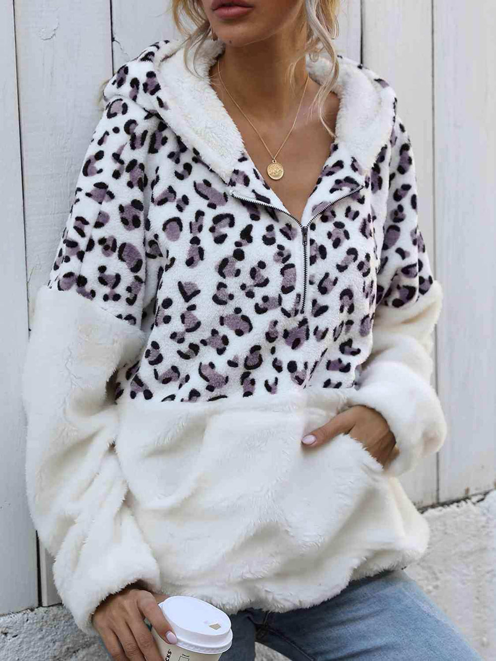 Leopard Half-Zip Dropped Shoulder Hoodie - Trendsi - Flyclothing LLC