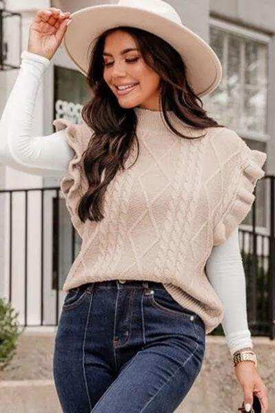 Cable-Knit Ruffled Mock Neck Sweater Vest - Trendsi - Flyclothing LLC