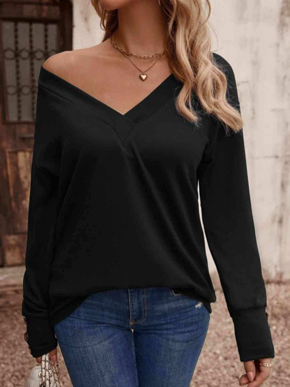 V-Neck Long Sleeve Top - Trendsi - Flyclothing LLC