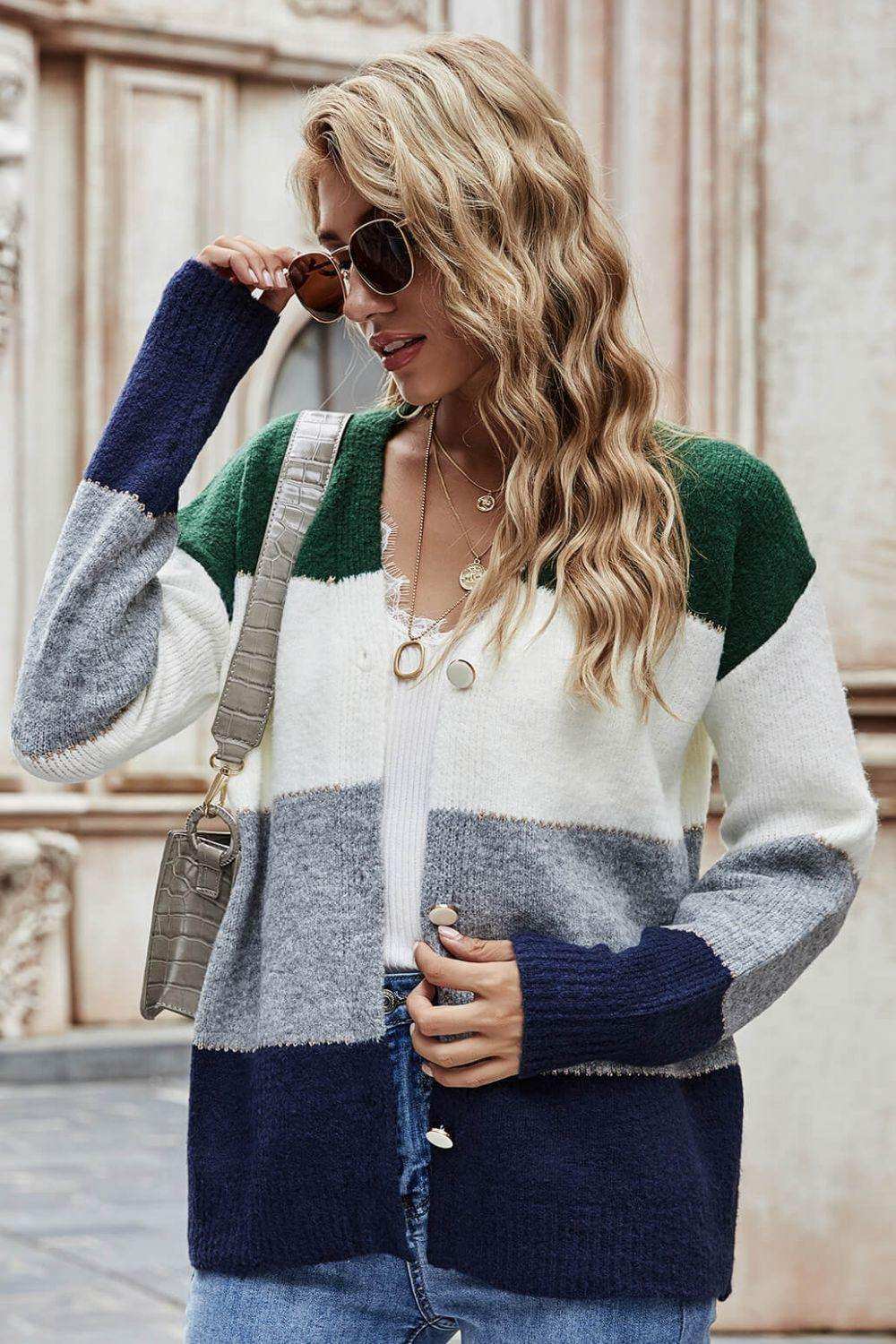 Color Block V-Neck Button Down Cardigan - Trendsi - Flyclothing LLC