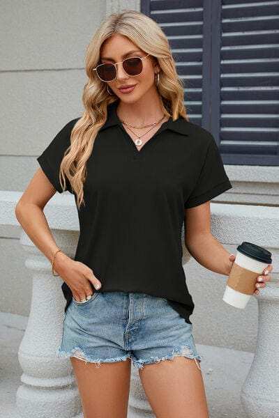 Johnny Collar Short Sleeve Blouse - Trendsi - Flyclothing LLC