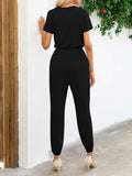 Short Sleeve V-Neck Jumpsuit with Pockets - Trendsi - Flyclothing LLC