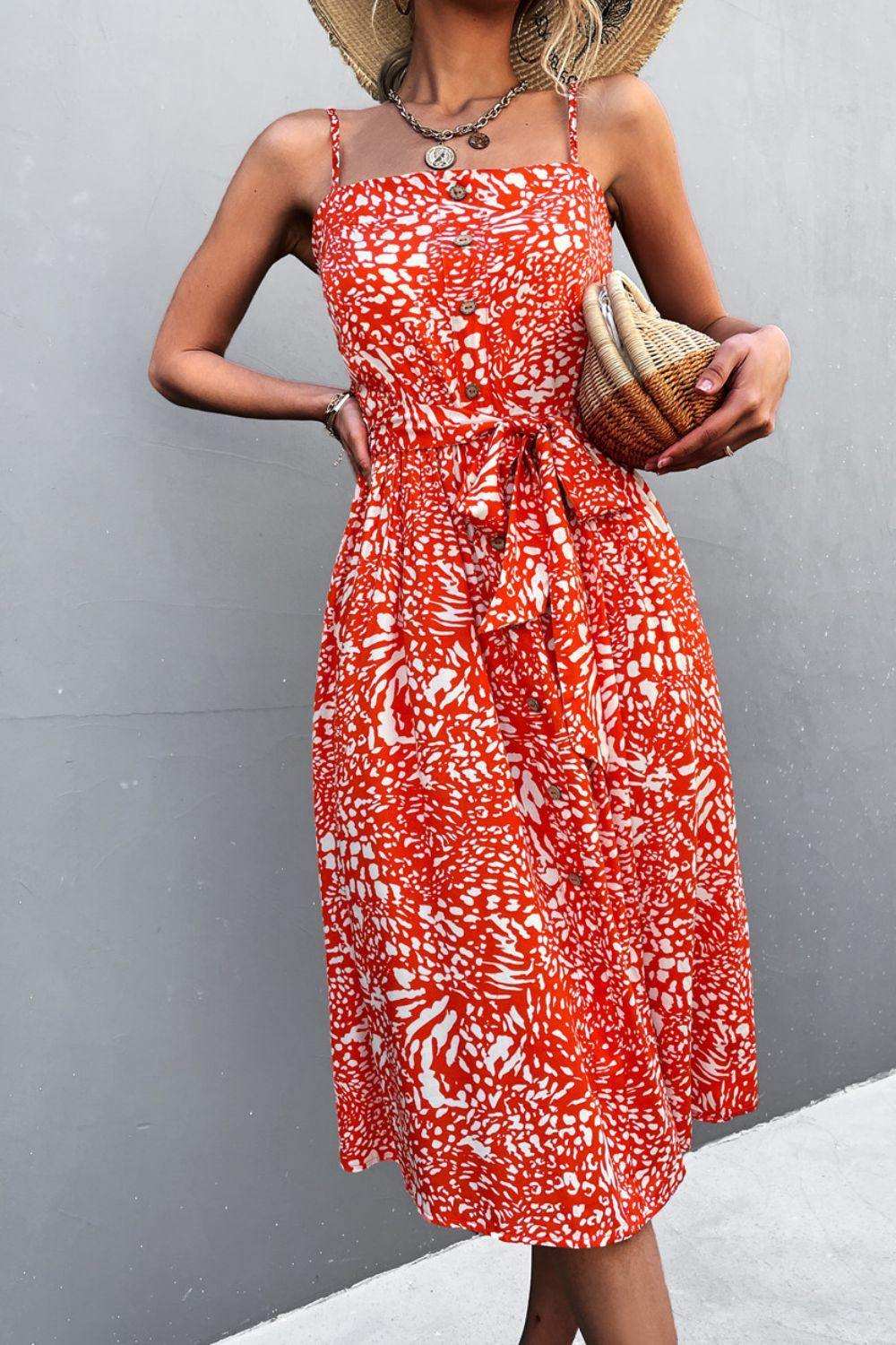 Printed Spaghetti Strap Decorative Button Belted Dress - Trendsi - Flyclothing LLC