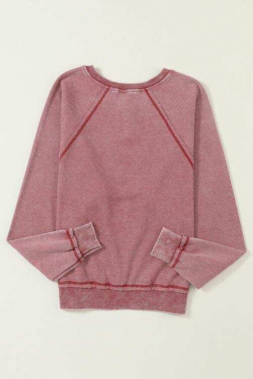 Waffle Knit Raglan Sleeve Henley Sweatshirt - Trendsi - Flyclothing LLC