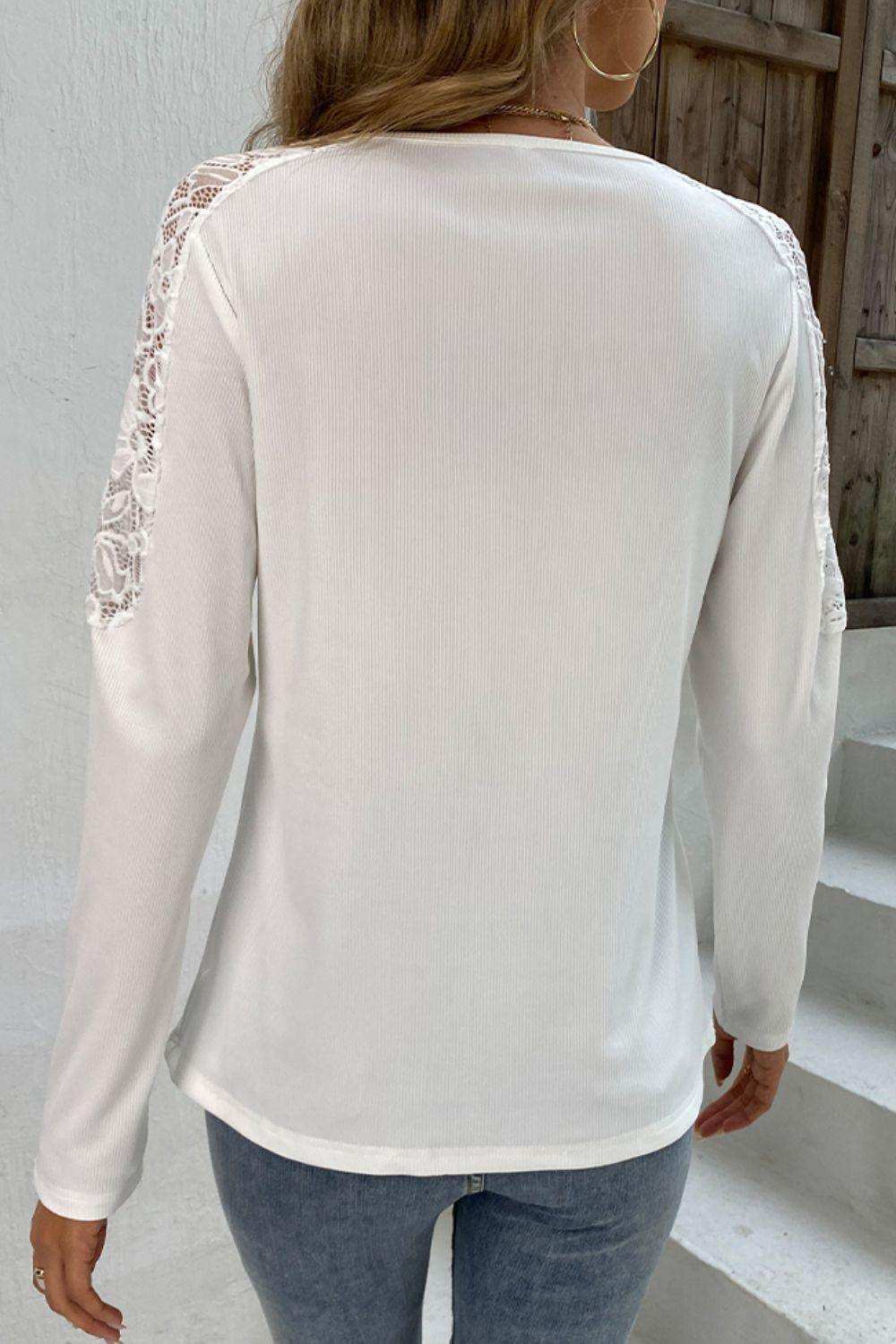 Spliced Lace Notched Neck Top - Trendsi - Flyclothing LLC