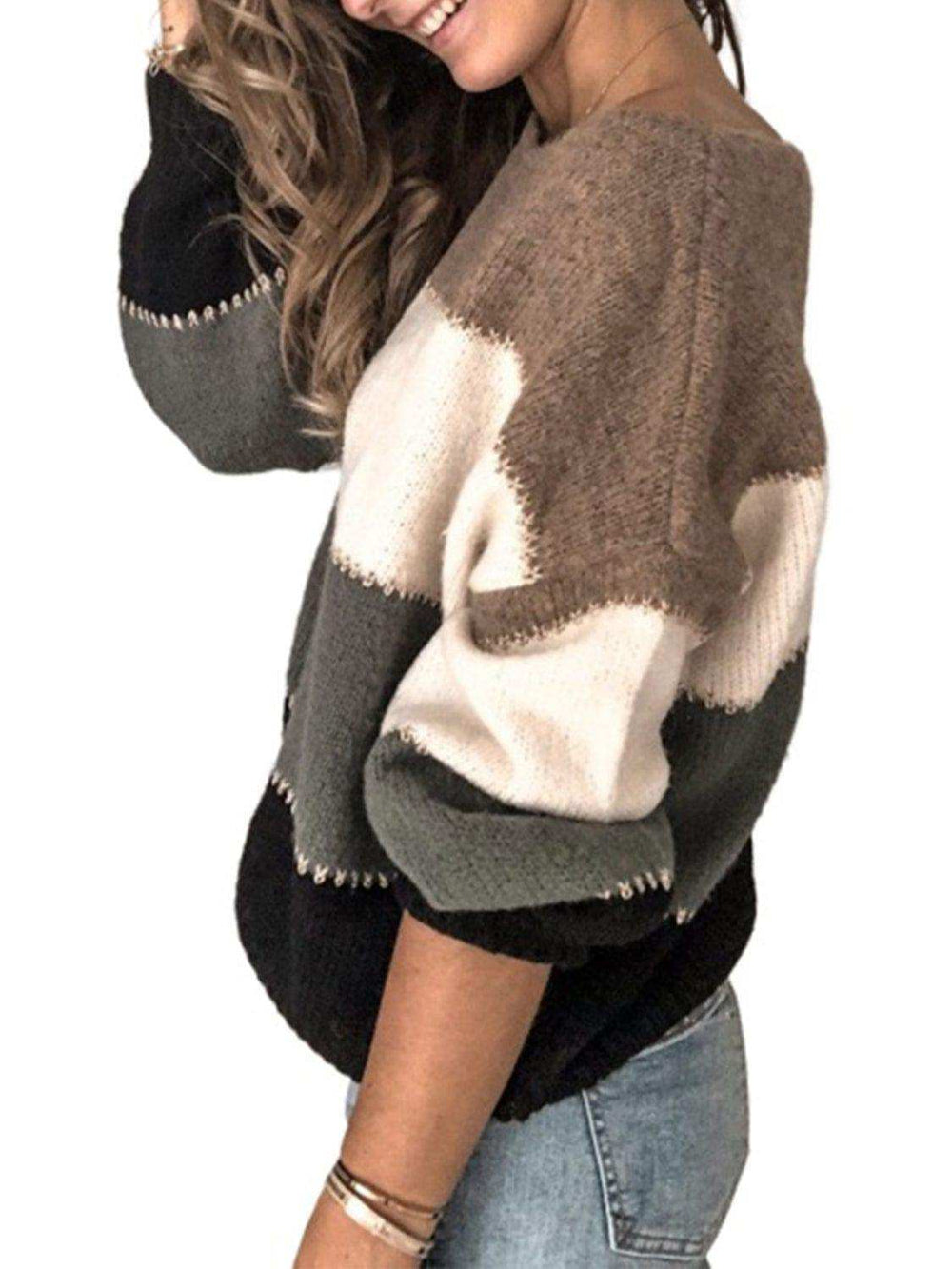 Color Block Round Neck Sweater - Trendsi - Flyclothing LLC