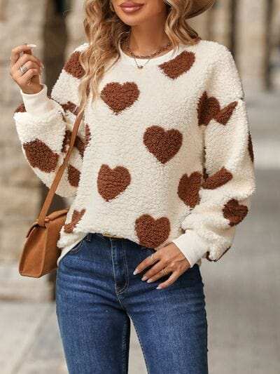 Fuzzy Heart Dropped Shoulder Sweatshirt - Trendsi - Flyclothing LLC
