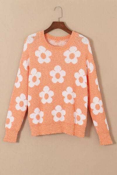 Flower Round Neck Dropped Shoulder Sweater - Trendsi - Flyclothing LLC