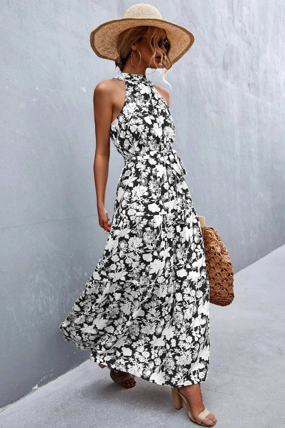 Printed Sleeveless Tie Waist Maxi Dress - Trendsi - Flyclothing LLC