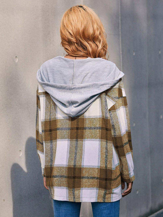 Plaid Dropped Shoulder Hooded Jacket - Trendsi - Flyclothing LLC