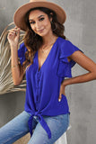 V-Neck Tie Hem Flutter Sleeve Blouse - Trendsi - Flyclothing LLC