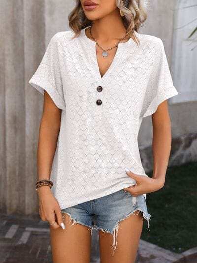 Eyelet Notched Short Sleeve T-Shirt - Trendsi - Flyclothing LLC