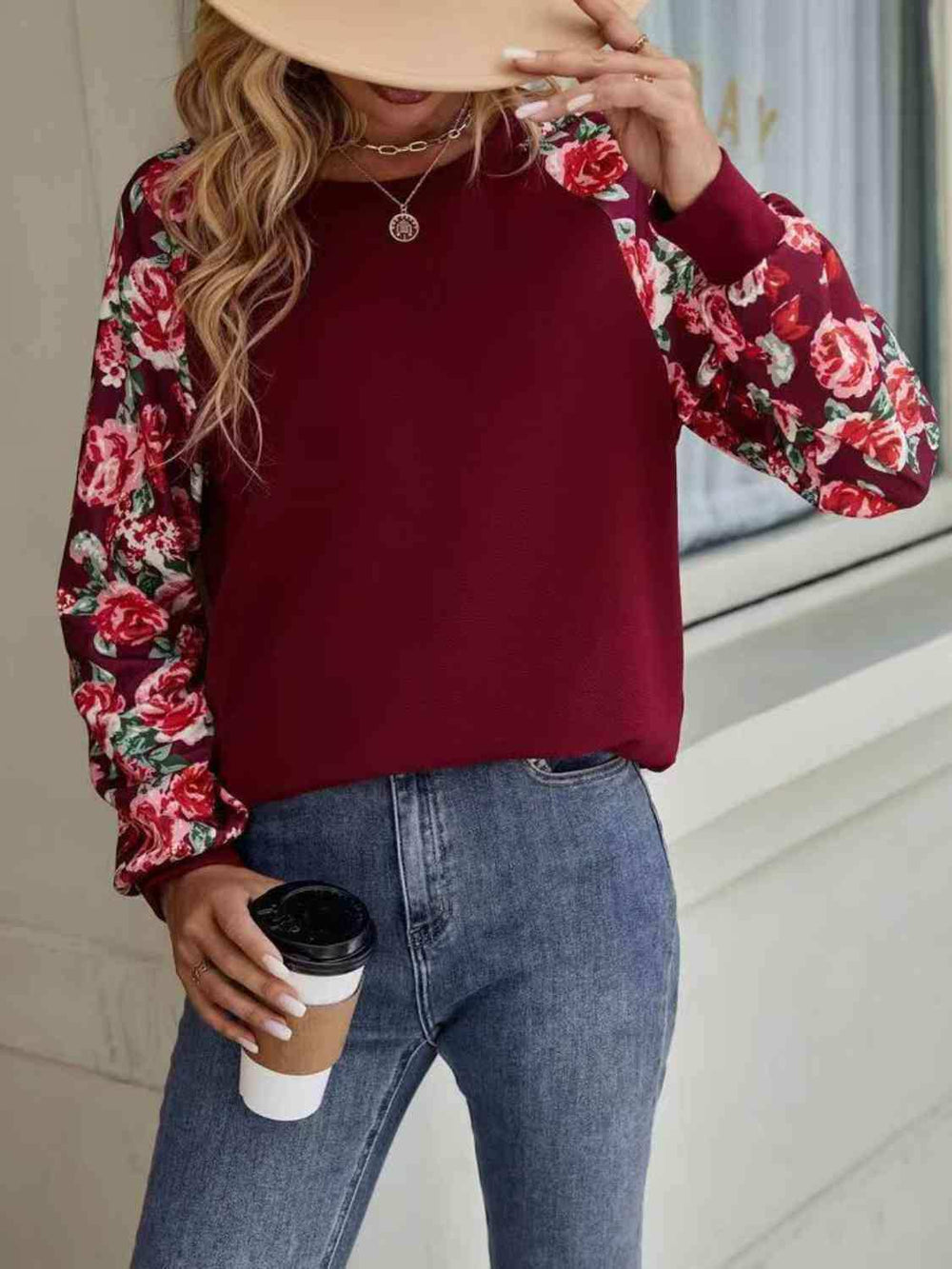 Floral Raglan Sleeve Round Neck Sweatshirt - Trendsi - Flyclothing LLC