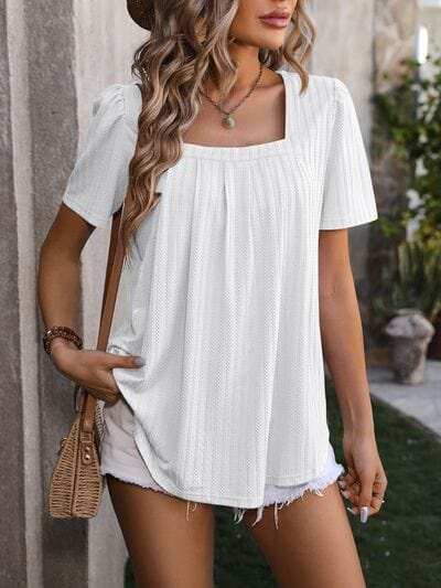 Ruched Square Neck Short Sleeve Blouse - Trendsi - Flyclothing LLC