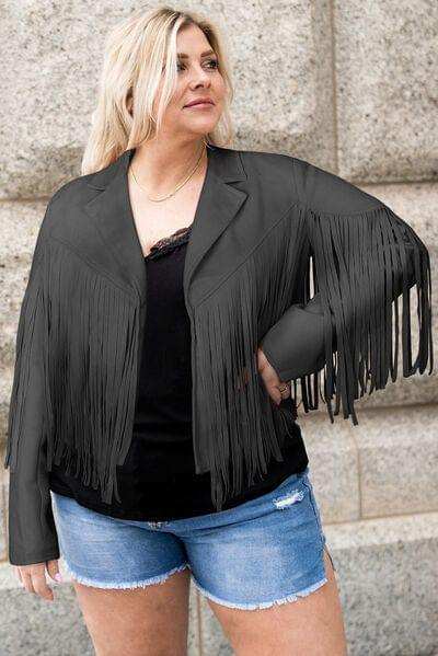 Plus Size Fringe Open Front Jacket - Trendsi - Flyclothing LLC