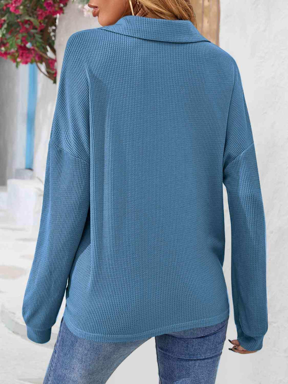 Half Button Collared Neck Long Sleeve Top - Trendsi - Flyclothing LLC