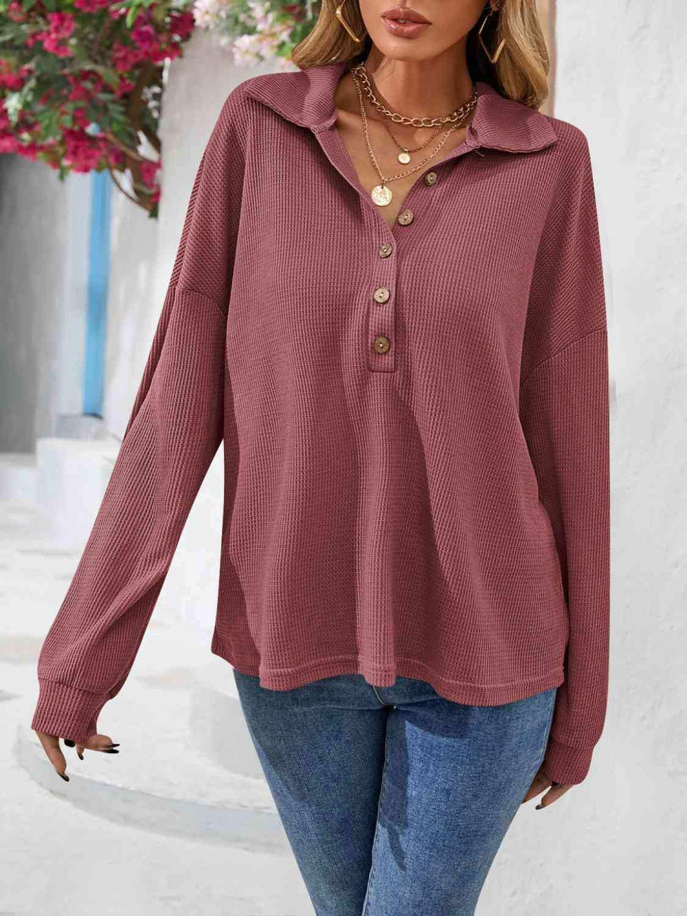 Half Button Collared Neck Long Sleeve Top - Trendsi - Flyclothing LLC