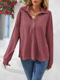 Half Button Collared Neck Long Sleeve Top - Trendsi - Flyclothing LLC