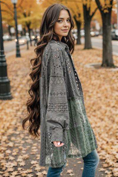 Openwork Button Up Long Sleeve Shacket - Trendsi - Flyclothing LLC