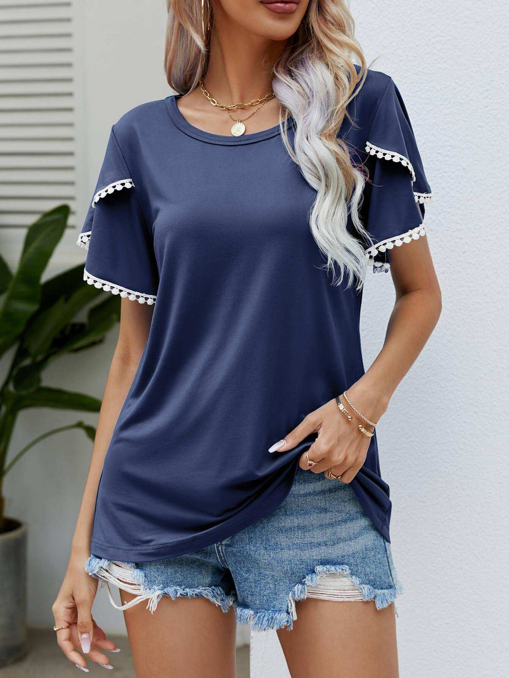 Pom-Pom Trim Flutter Sleeve Round Neck Tee - Trendsi - Flyclothing LLC