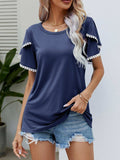Pom-Pom Trim Flutter Sleeve Round Neck Tee - Trendsi - Flyclothing LLC