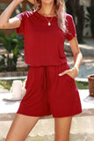 Drawstring Waist Short Sleeve Romper with Pockets - Trendsi - Flyclothing LLC