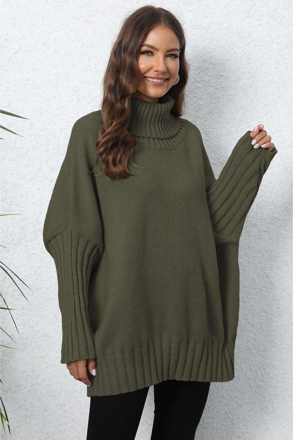 Turtle Neck Long Sleeve Ribbed Sweater - Trendsi - Flyclothing LLC