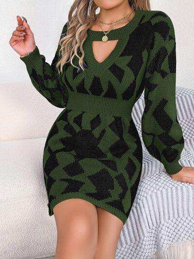 Contrast Round Neck Cutout Long Sleeve Mini Sweater Dress - Trendsi - Flyclothing LLC