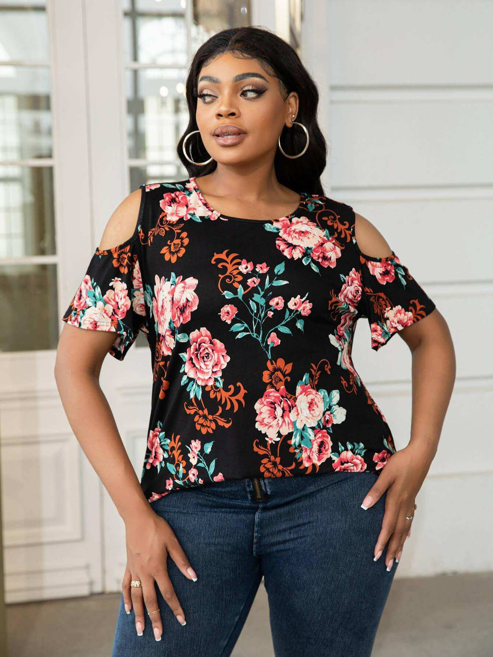 Plus Size Cold-Shoulder Round Neck Curved Hem Tee - Trendsi - Flyclothing LLC