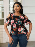 Plus Size Cold-Shoulder Round Neck Curved Hem Tee - Trendsi - Flyclothing LLC