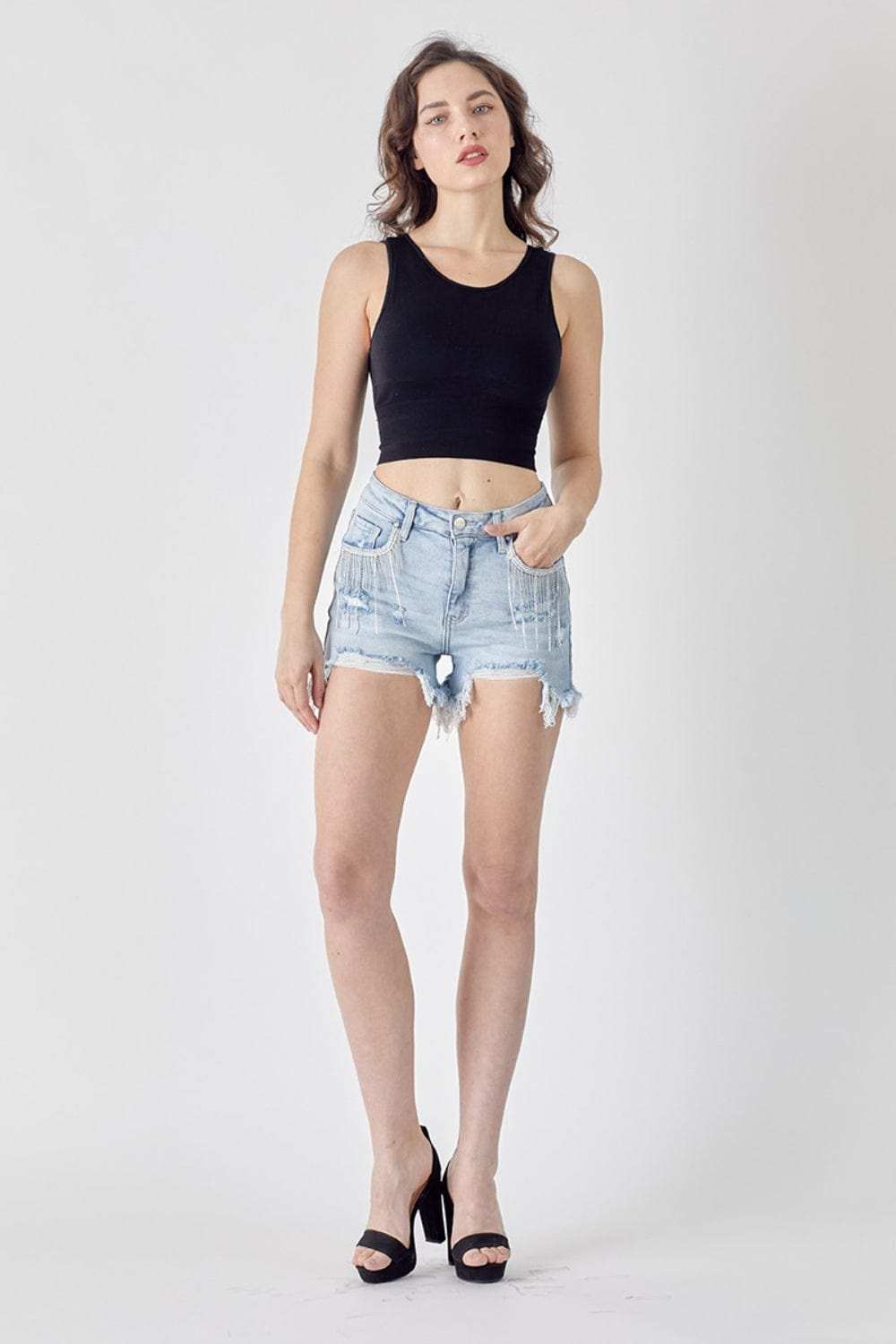 RISEN Frayed Hem Denim Shorts with Fringe Detail Pockets - Trendsi - Flyclothing LLC