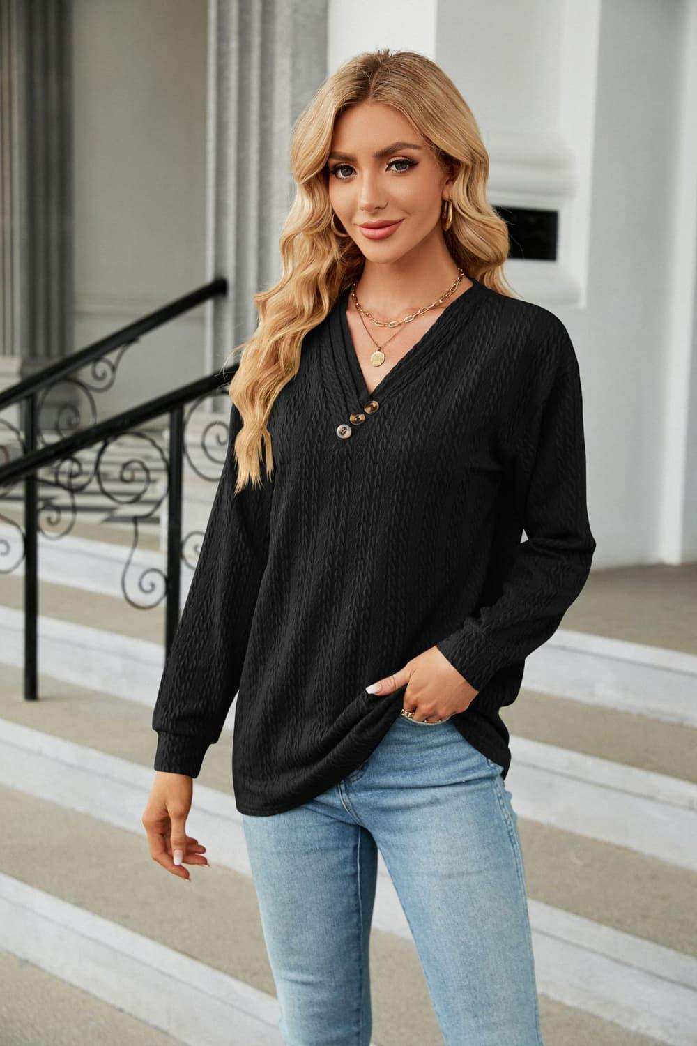 Decorative Button V-Neck Long Sleeve T-Shirt - Trendsi - Flyclothing LLC