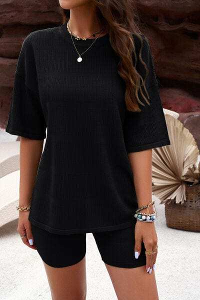 Eyelet Round Neck Top and Shorts Set - Trendsi - Flyclothing LLC