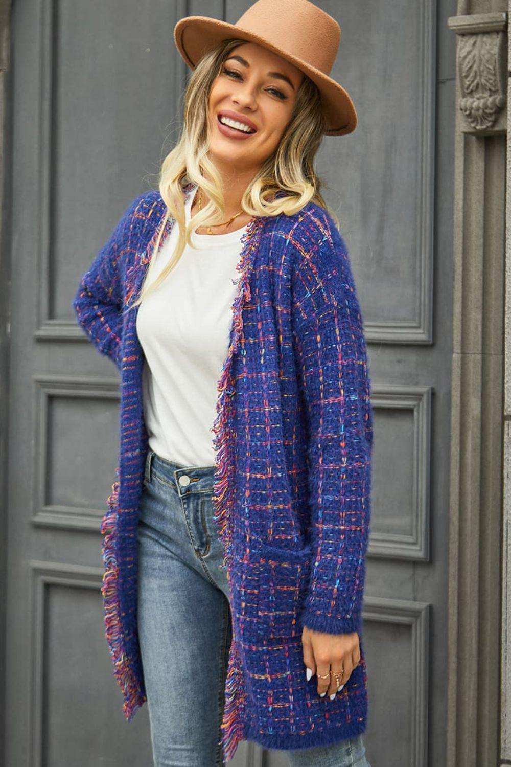 Plaid Fringe Trim Open Front Longline Cardigan - Trendsi - Flyclothing LLC