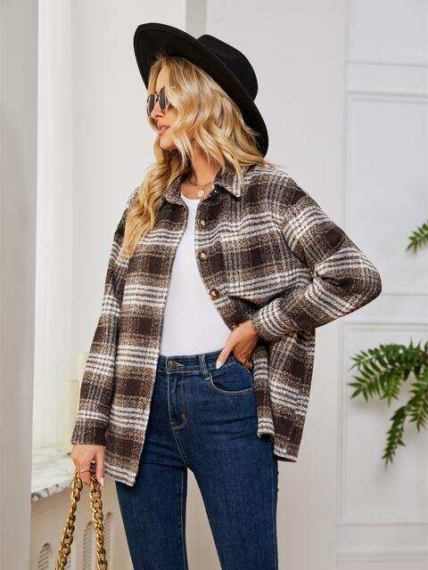 Plaid Collared Shirt Jacket - Trendsi - Flyclothing LLC