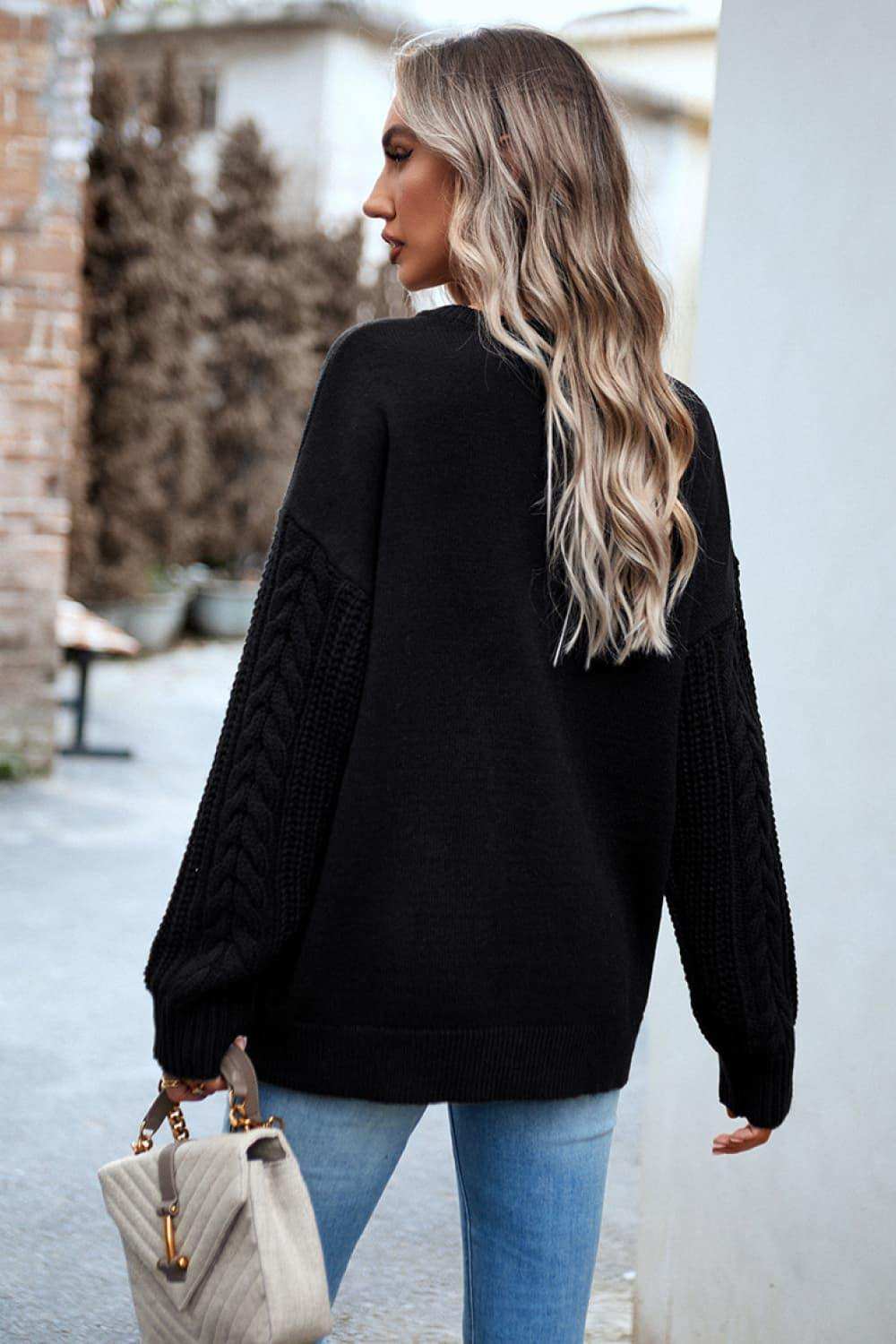 Cable-Knit Round Neck Drop Shoulder Sweater - Trendsi - Flyclothing LLC