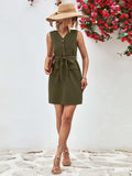 Buttoned V-Neck Belted Sleeveless Dress - Trendsi - Flyclothing LLC