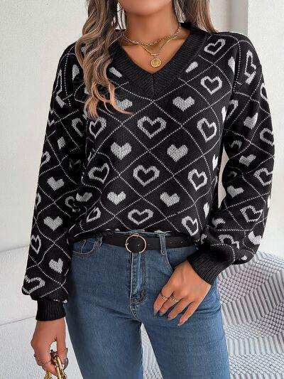 Heart Pattern V-Neck Long Sleeve Sweater - Trendsi - Flyclothing LLC