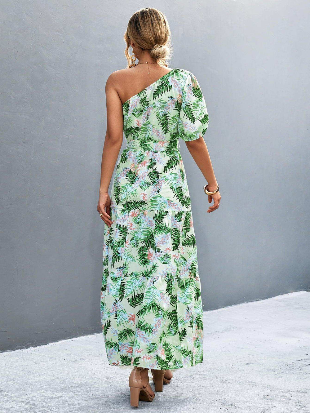 Printed Tie Waist One Shoulder Maxi Dress - Trendsi - Flyclothing LLC
