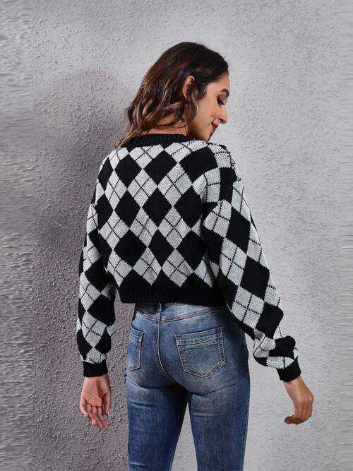 Geometric Button Up Long Sleeve Cardigan - Trendsi - Flyclothing LLC