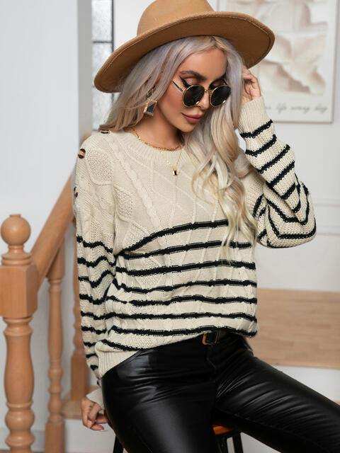 Striped Round Neck Cable-Knit Sweater - Trendsi - Flyclothing LLC