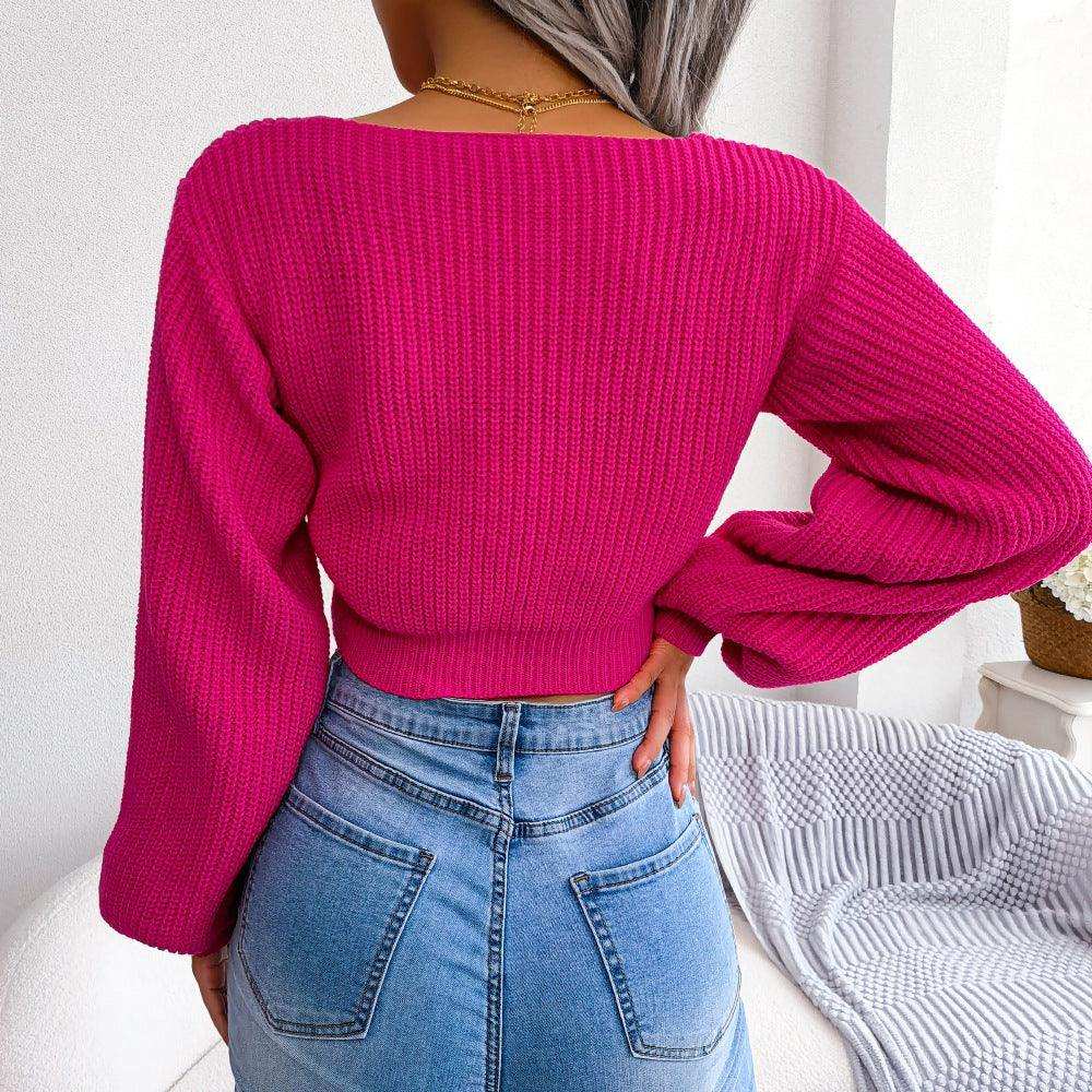 Tie-Front Rib-Knit Cropped Sweater - Trendsi - Flyclothing LLC