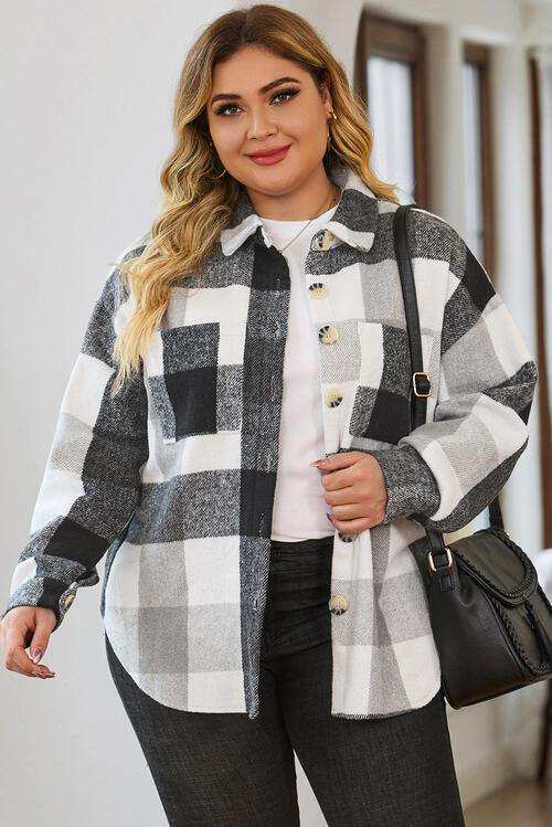 Plus Size Plaid Button Up Collared Neck Jacket - Trendsi - Flyclothing LLC