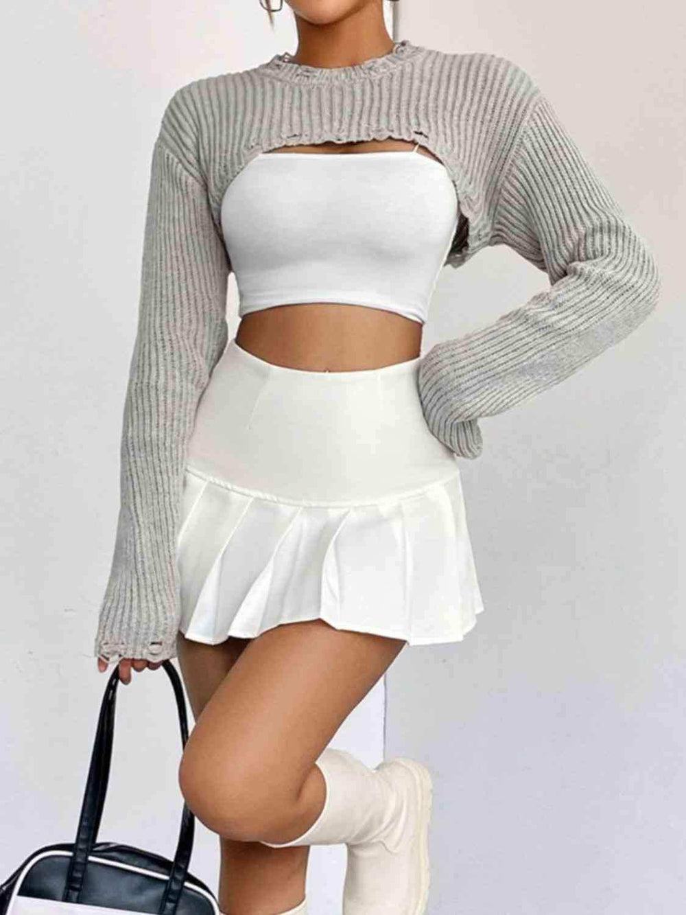 Distressed Long Sleeve Cropped Sweater - Trendsi - Flyclothing LLC