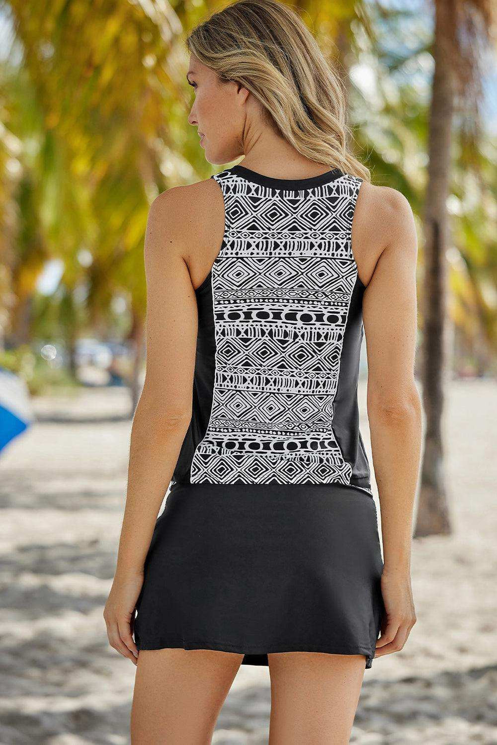 Geometric Print Color Block Swim Top and Skirt Set - Trendsi - Flyclothing LLC