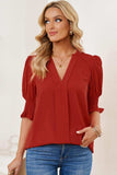 Smocked Flounce Sleeve Notched Neck Blouse - Trendsi - Flyclothing LLC