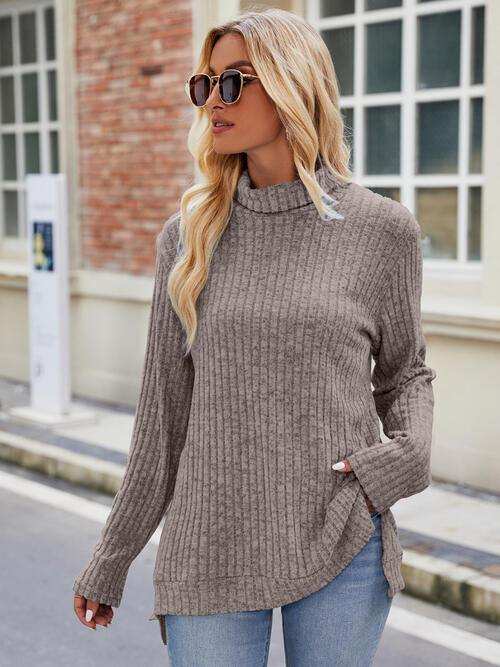 Ribbed Turtleneck Long Sleeve Slit Knit Top - Trendsi - Flyclothing LLC
