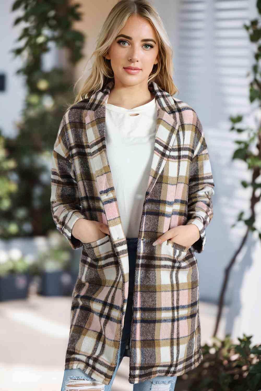 Plaid Longline Jacket with Pockets - Trendsi - Flyclothing LLC