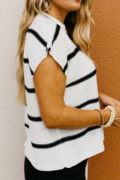 Striped Round Neck Cap Sleeve Sweater - Trendsi - Flyclothing LLC
